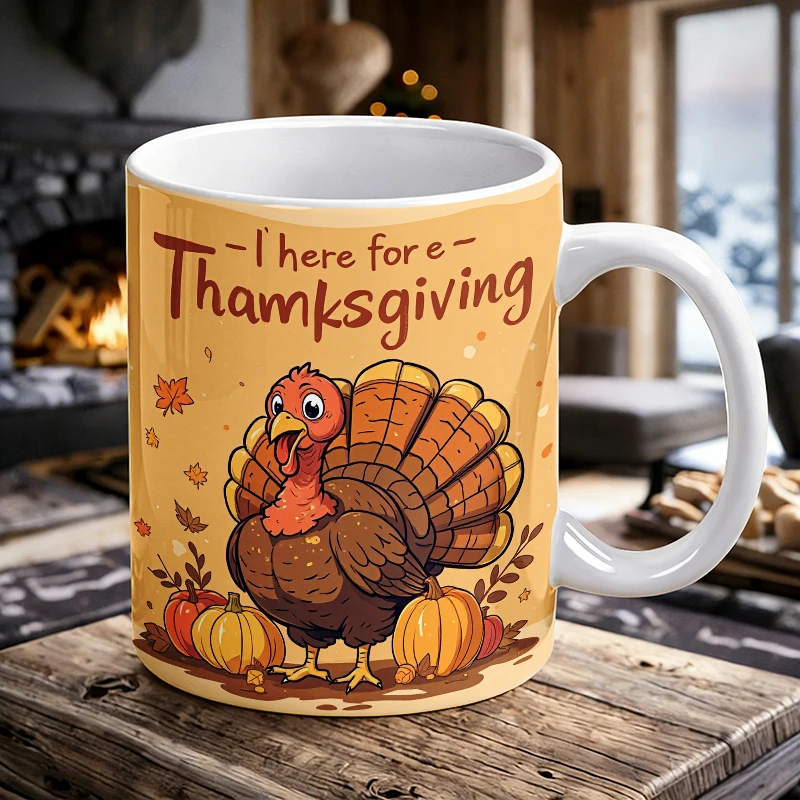 

11 oz Thanksgiving Turkey Handle Ceramic Mug,Full Print Pattern Coffee Cup, Insulated Milk Cup, Office Water Cup, Fade-Resistant