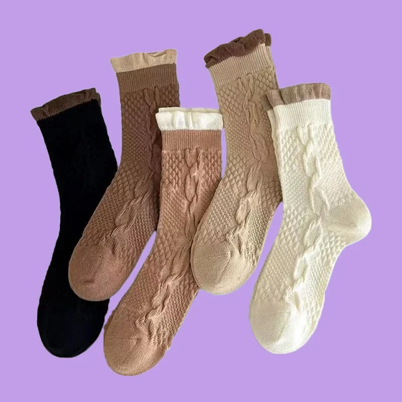 3/6 Pairs Fashion Bubble Mouth Braided Pattern Women's Middle Tube Socks Middle Length Socks Forest Style College Style Socks