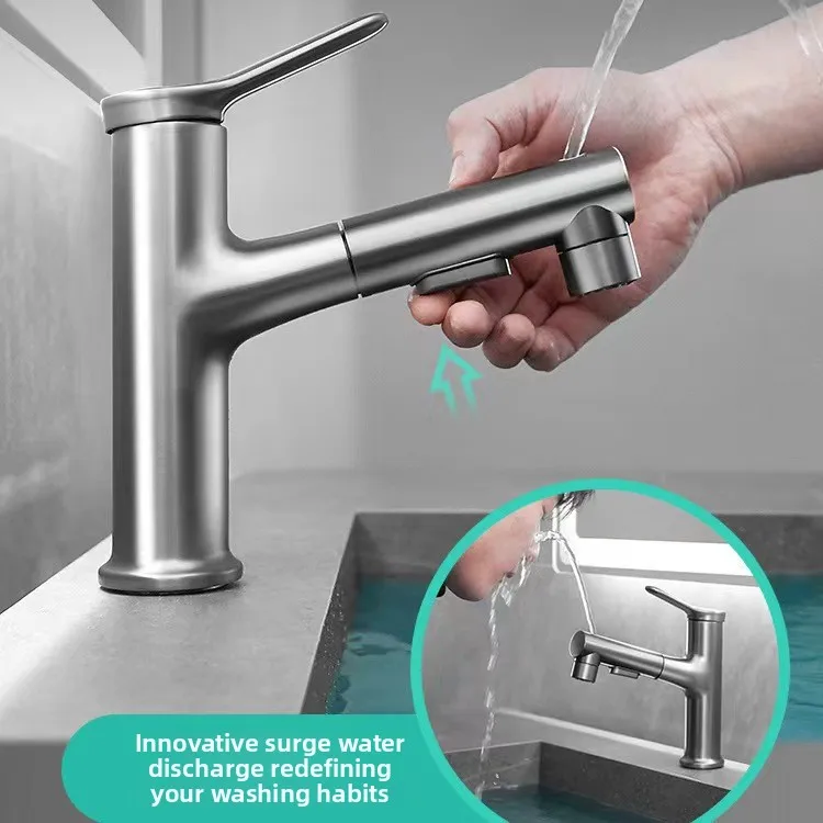 All Copper Gun Gray Bathroom Faucet Commercial Hot and Cold Household Multi-function Drawer Faucet