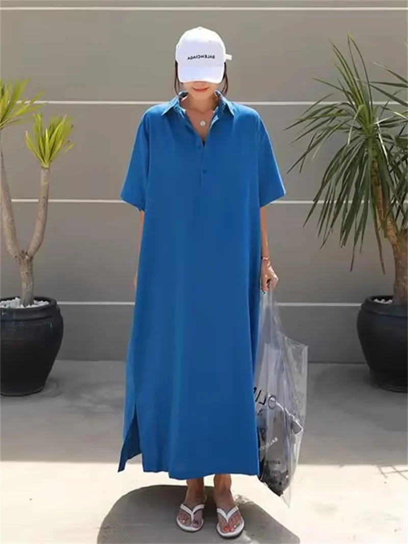 

Pop Pop Oversized Loose Long Dress Women's Korean Polo Collar Short Sleeves Shirt Dress Korean Summer Casual Female Side Split