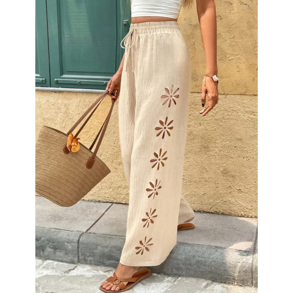Fashion Side Hollow Elastic Waist Lazy Drape Wide Leg Pants Women Spring Autumn New Casual Loose Versatile Daily Trousers Female