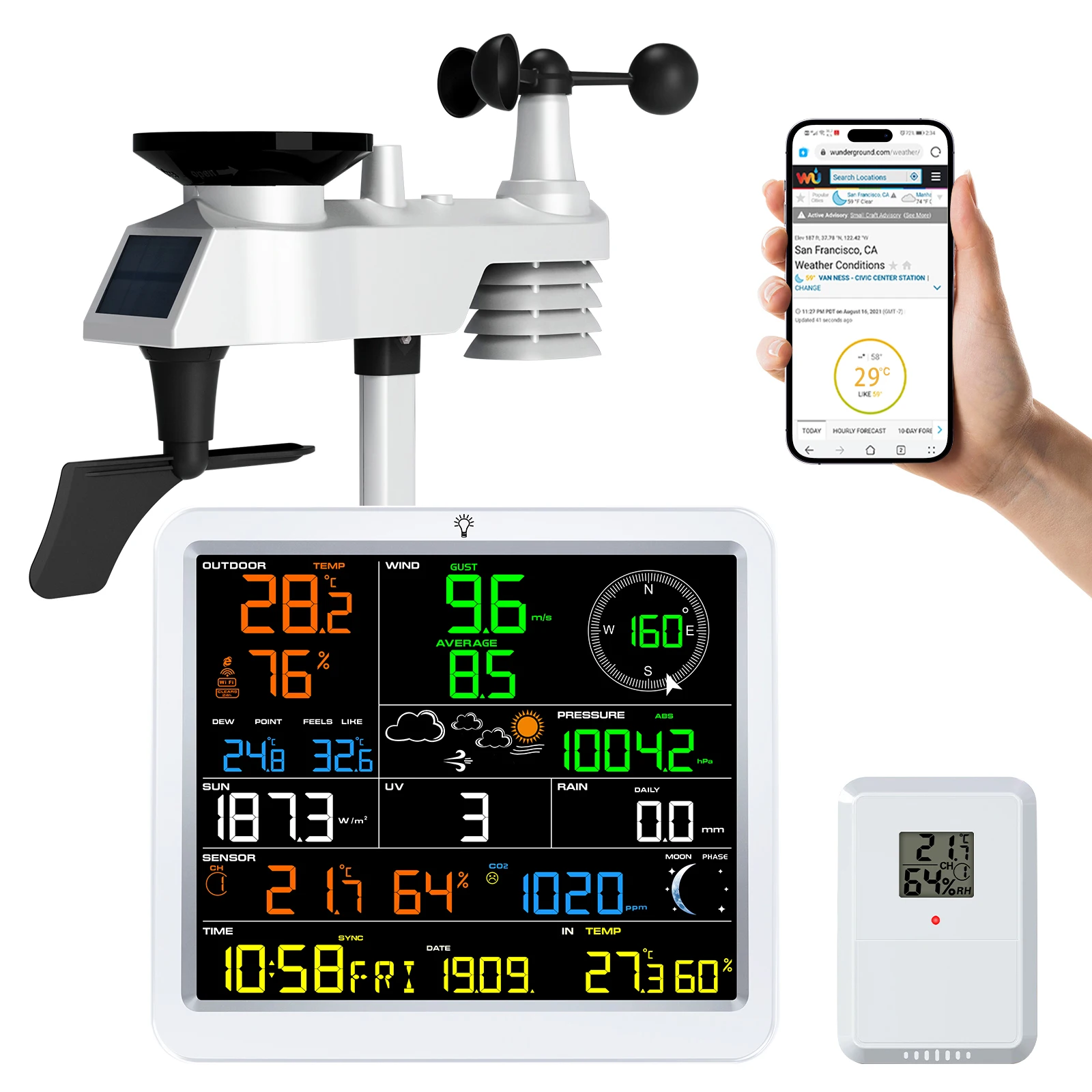 WiFi 14-in-1 Weather Station Solar Powered with Wireless Outdoor Sensor CO2 Detection 100m Range Home Weather Cloud Sync