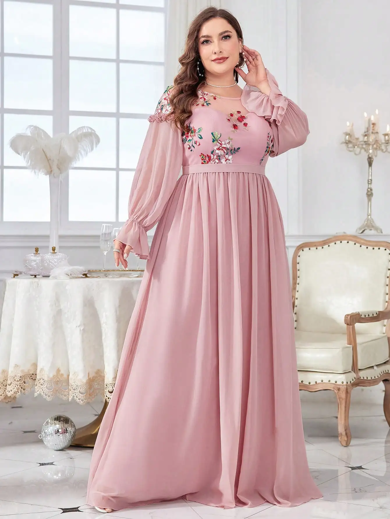 Mgiacy plus size Round neck Color embroidered half-through chiffon chiffon long sleeve dress Evening gown Ball dress Party dress