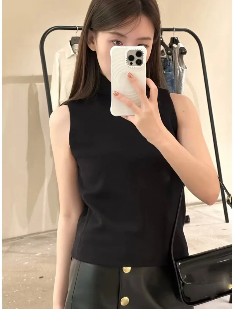 

2024 Korean Fashion Summer New Women's Top and High Round Neck Sleeveless Design Tank Top for Casual Slimming