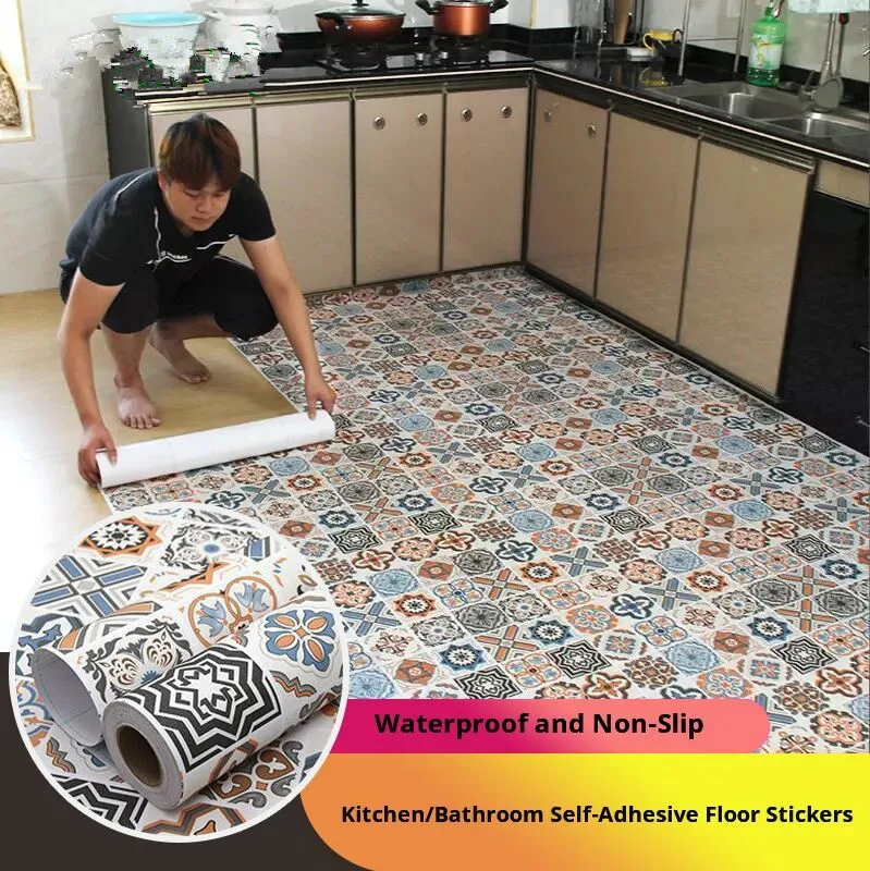 

Self-Adhesive Floor Wallpaper Bathroom Waterproof Stickers 3D Contact Paper Ground Tile Bedroom Kitchen Non-Slip Decorative Film