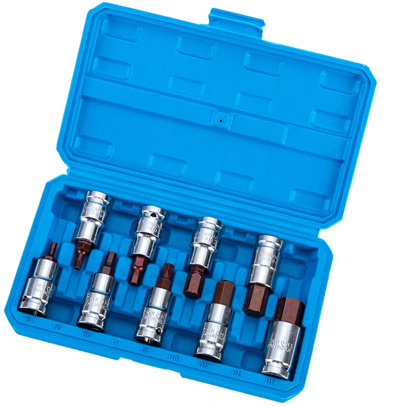 

9PCS 1/2in Square Drive Chromium Vanadium Steel Socket Set Hexagonal Internal Head Bits H4H5 H6 H7 H8 H10 H12 H14 H17 Hand Tools