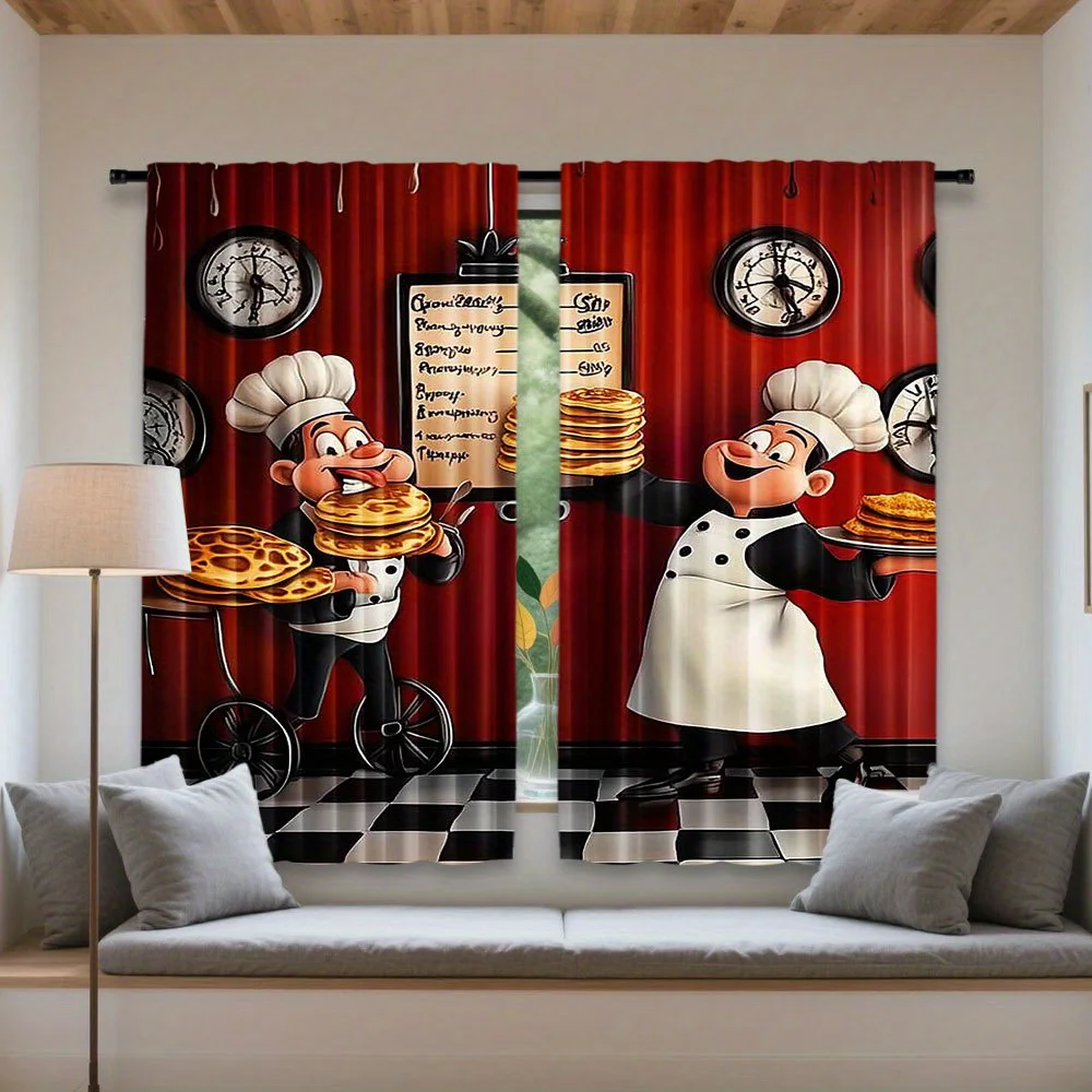 Cartoon Chef Baking Waffles Blackout Curtains - Funny Kitchen Cooking Print Window Drapes for Restaurant Home Decor