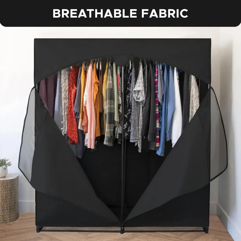 

Portable Wardrobe Closet,Large Premium Heavy Duty Metal Hanging Rod with Black Cover- 50 Lb. Weight Capacity-Super Clothing Rack