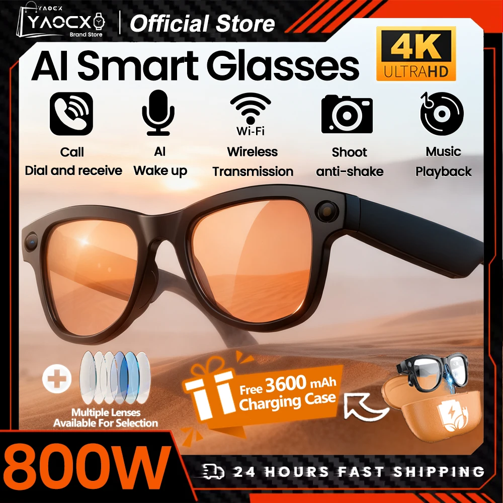 

2026 AI Смарт-очки 800MP Камера 4K HD Видео 32 ГБ Wi-Fi Передача Bluetooth Вызов Голосовой помощник Чат GPT 3600 мАч Зарядный чехол