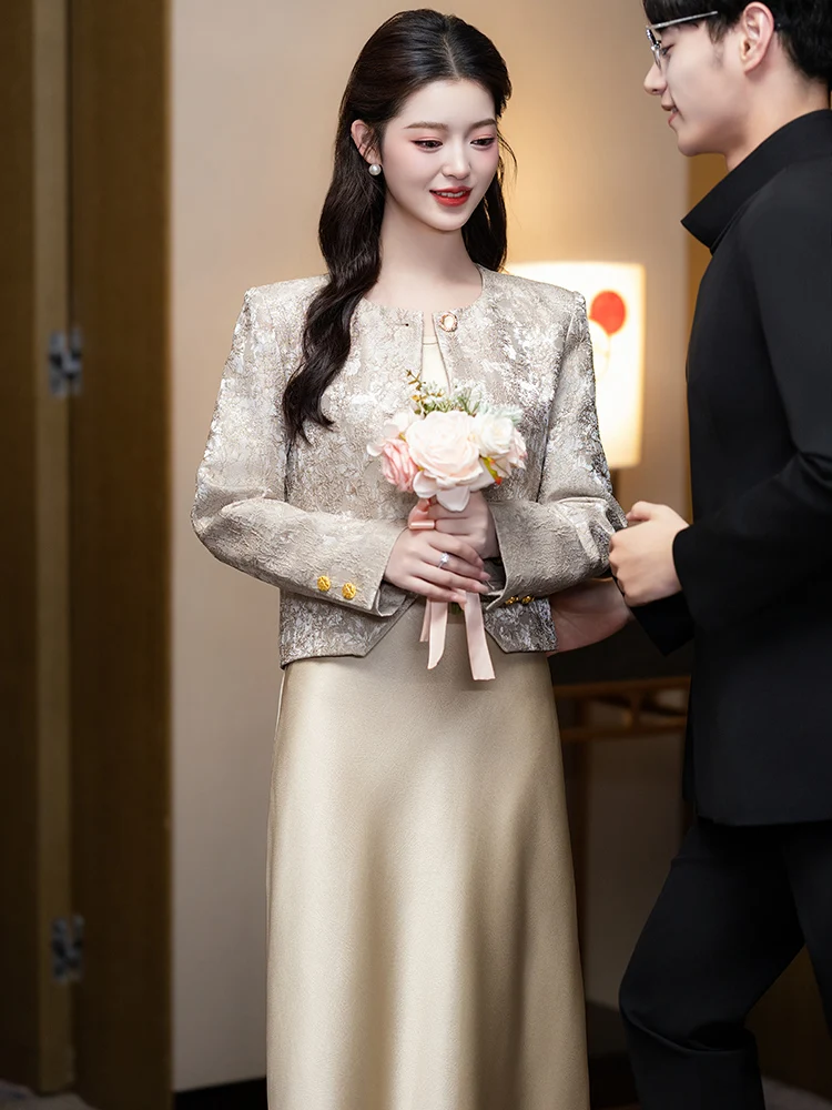 

Champagne New Chinese Sle Wedding Dr Set Bridal Gown with Sa A-Line Skirt Long Sve Sweet Sle for Wedding And Par