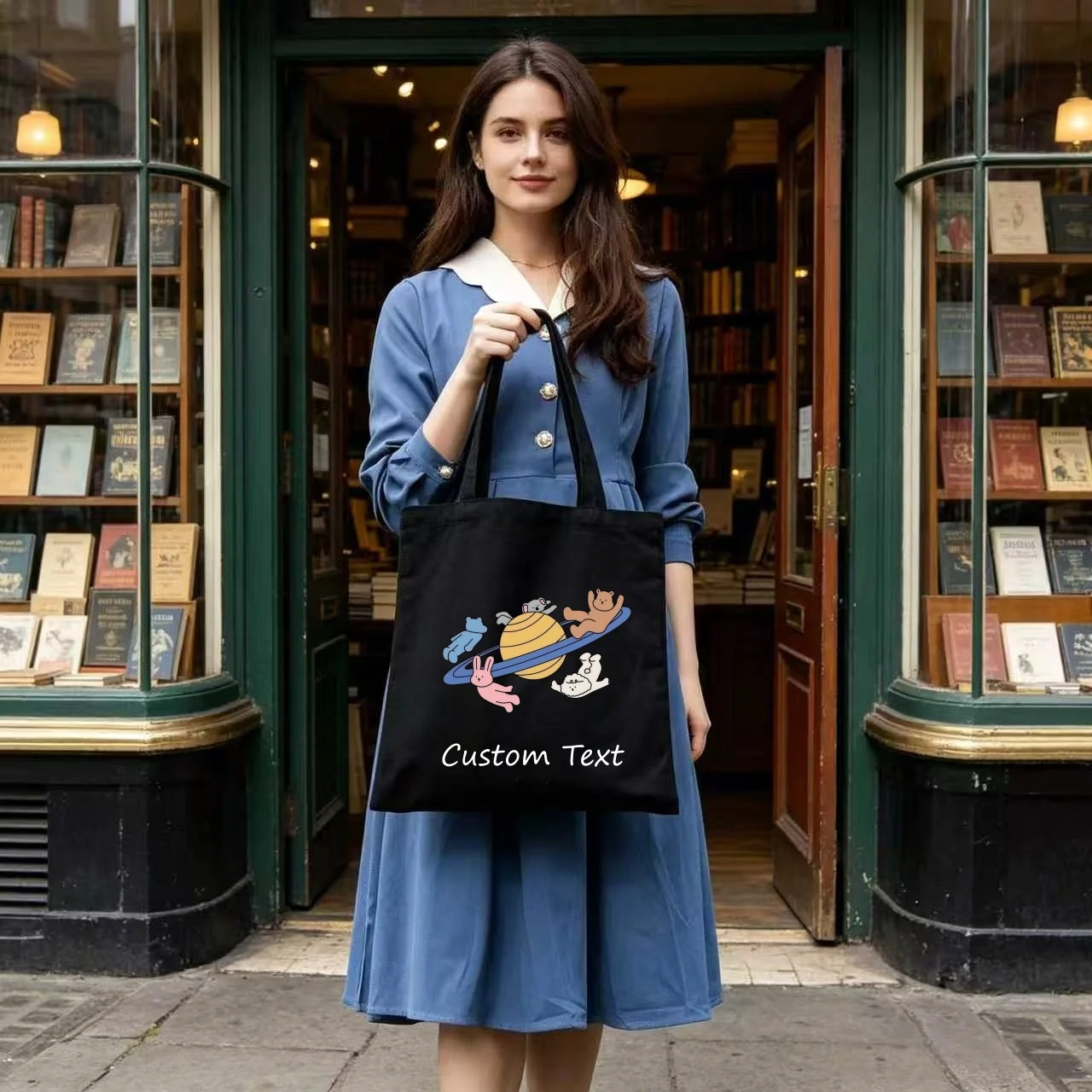 1PC Custom Canvas Tote Bag Cute Animals Slide On Saturn Planet Print Custom Text Eco Reusable Shopping Shoulder Handbag