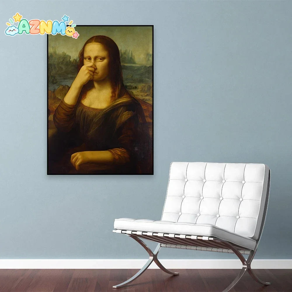 Divertida pintura sobre lienzo para el baño: una chica con un pendiente de perla que se pellizca la nariz. Impresión con motivos de inodoro, humor, arte mural, póster, decoración de estilo vintage.