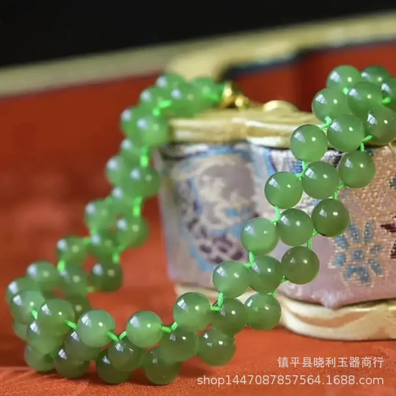 New Hetian And Jasper Hand Sign Braided Bracelet Women Round Bead Jewelry Jade