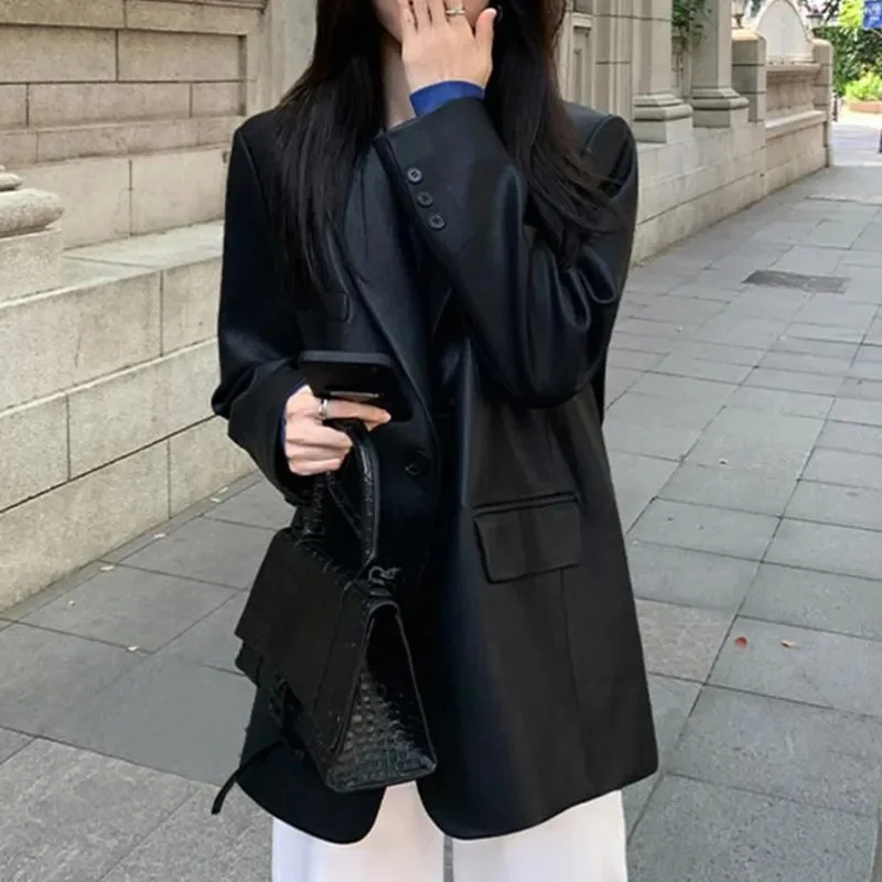 Frühling Herbst Dame Langarm Anzug Leder Retro Frauen Große Größe 4XL PU Leder Jacke 2025, Femme Hochwertige kunstleder Top