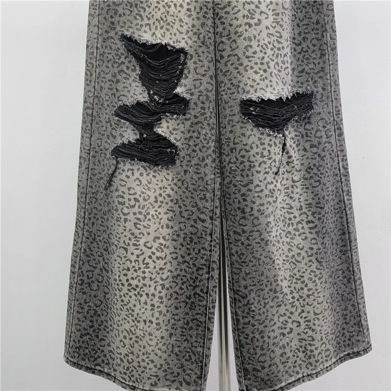 ANJY Primavera Autunno Nuove Donne Alla Moda Della Stampa Del Leopardo Strappato Gamba Larga Pantaloni di Jeans Chic High Street Allentato Versatile Marea Jeans A18233