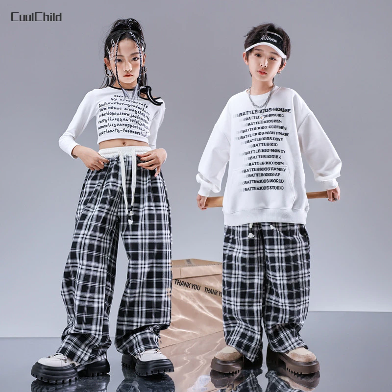 Boys Hip Hop Letters Sweatshirt Plaid Pants Girls Crop Top Sweatpants Children Street Dance Clothes Set Kids Jazz Streetwear