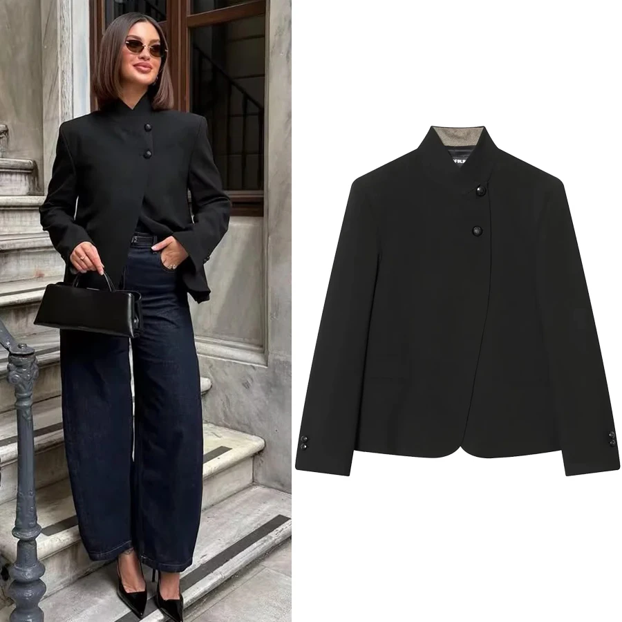 Women Elegant Button Blazer Coat Women Stand Collar Full Sleeve Black Suit Jackets Female Spring Commute Daily Outwear