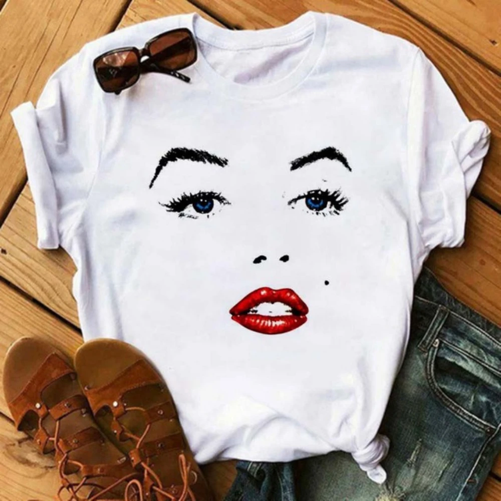 Femmes T-shirts dessin animé Sexy lèvres cils mode à manches courtes vêtements élégant T-Shirt dame imprimer dames T-Shirt Streetwear