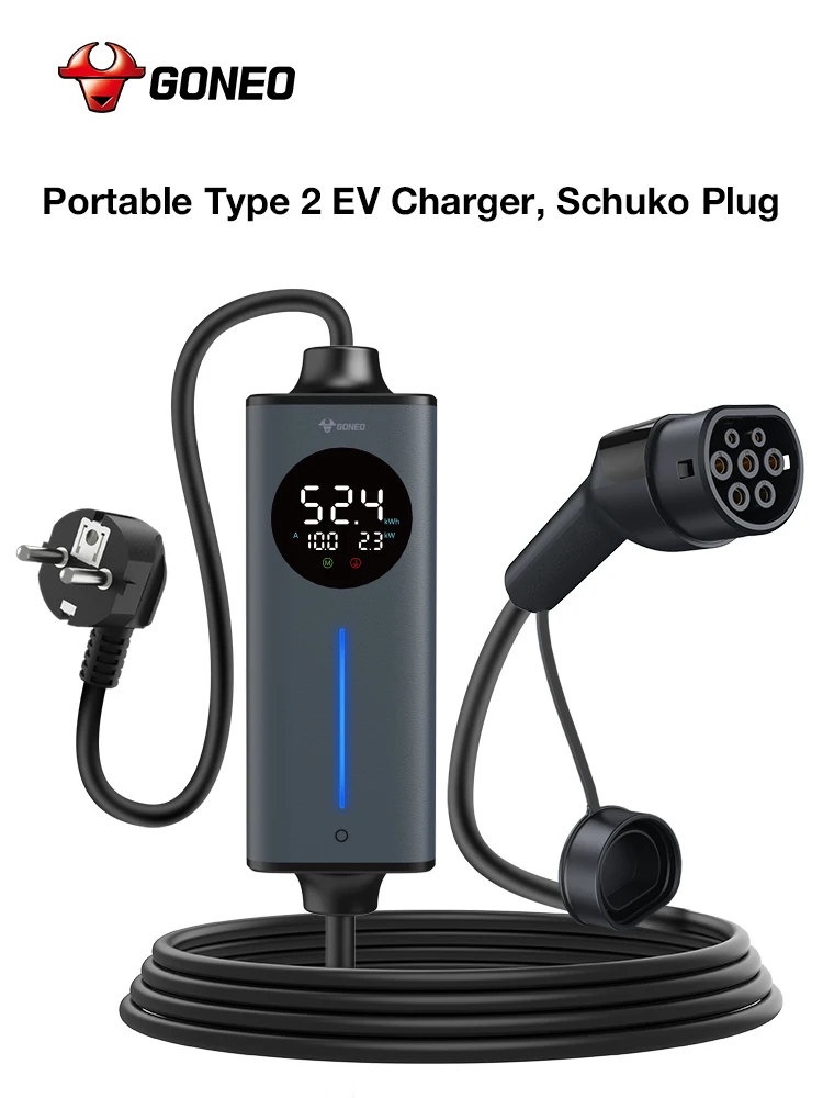 GONEO Tragbares Typ-2 EV-Ladegerät EVSE Schuko-Stecker 16A 3,68kW Temperaturgesteuertes In-Plug & Control Box System, RCD 30mA+6mA DC-Schutz, Timer & Energiesparfunktion, Rundum-Sicherheit, Plug &