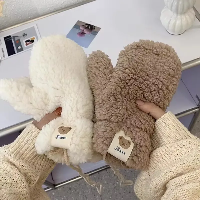 Gants chauds en peluche ours mignon avec UL, mitaines sans doigts optiques, mitaines d'équitation en plein air, protège-mains plus chauds coréens, doux, hiver, 2024