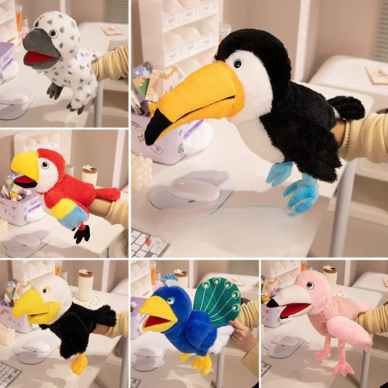 

35cm Cartoon Birds Series Hand Puppet Simulation Stuffed Animal Soft Parrot Flamingo Whiteheaded Eagle Doll Funny Kids Gift Deco