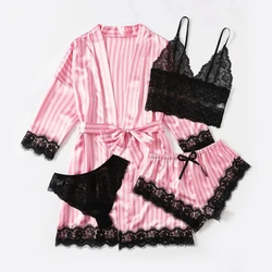 Woman Sleepwear 4pcs Floral Lace Trim Satin Pajamas Set with Robe Sexy Faux Silk Pijamas Robe Sets Casual Home Clothes Nightwear