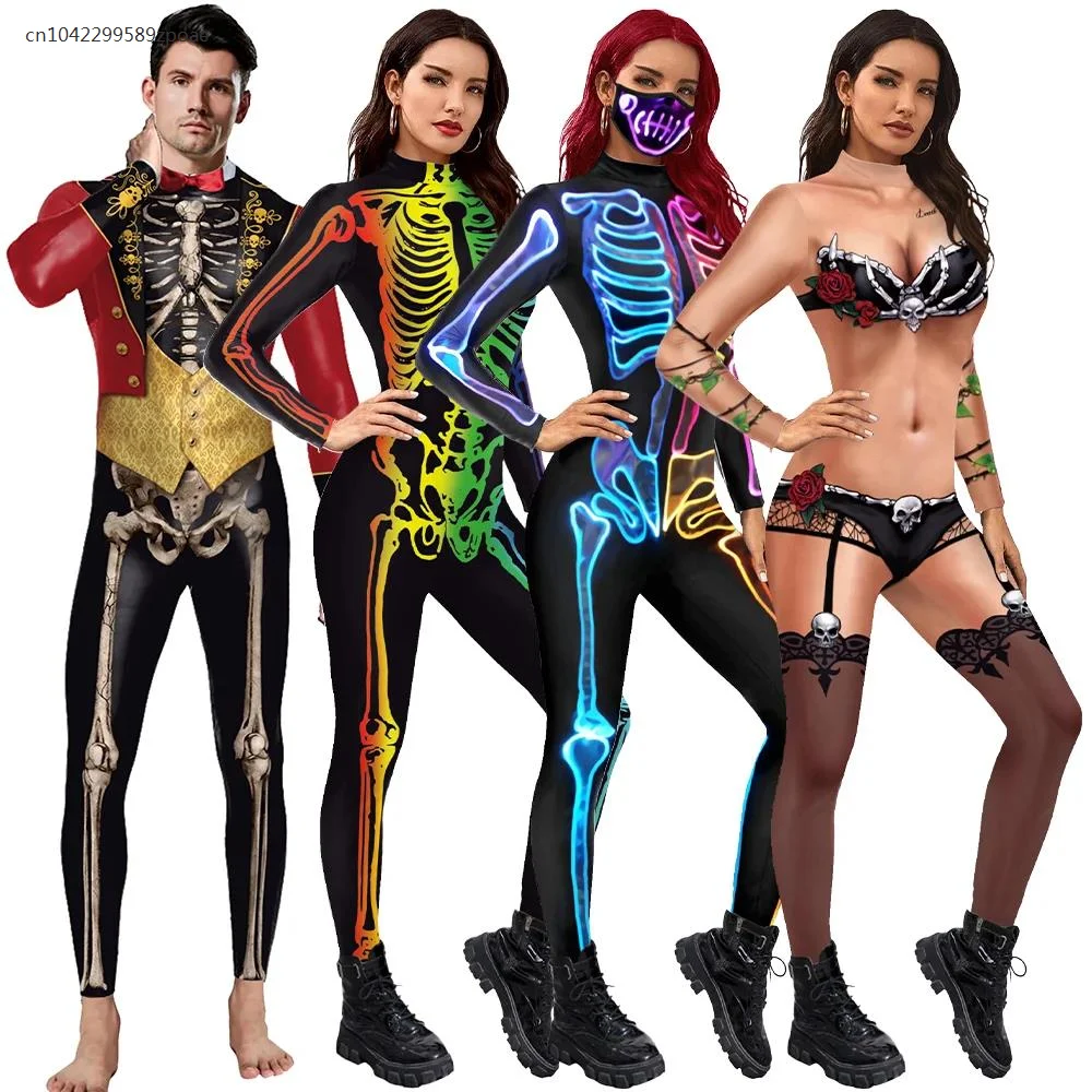 

2024 Women Skeleton Print Jumpsuits Purim Cosplay Costume Zentai Fitness Bodysuit Halloween Party Streetwear