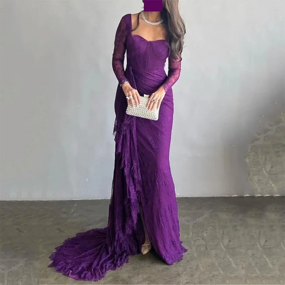 

Customized Purple Lace Pleat Mermaid Evening Dress Square Collar Illusion Long Sleeves Sexy Side Slit Women Banquet Party Gowns
