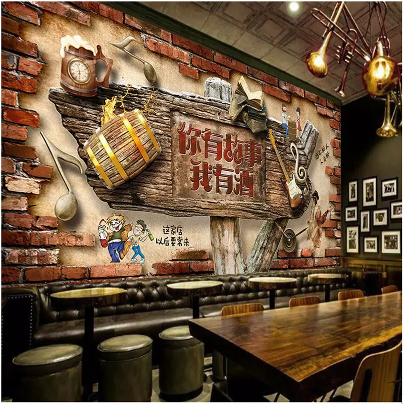 European and American Style Retro Wood or Brick Wall Cowboy Beer Mural Wallpaper 3D Restaurant Bar KTV Winery Walls Decor Murals