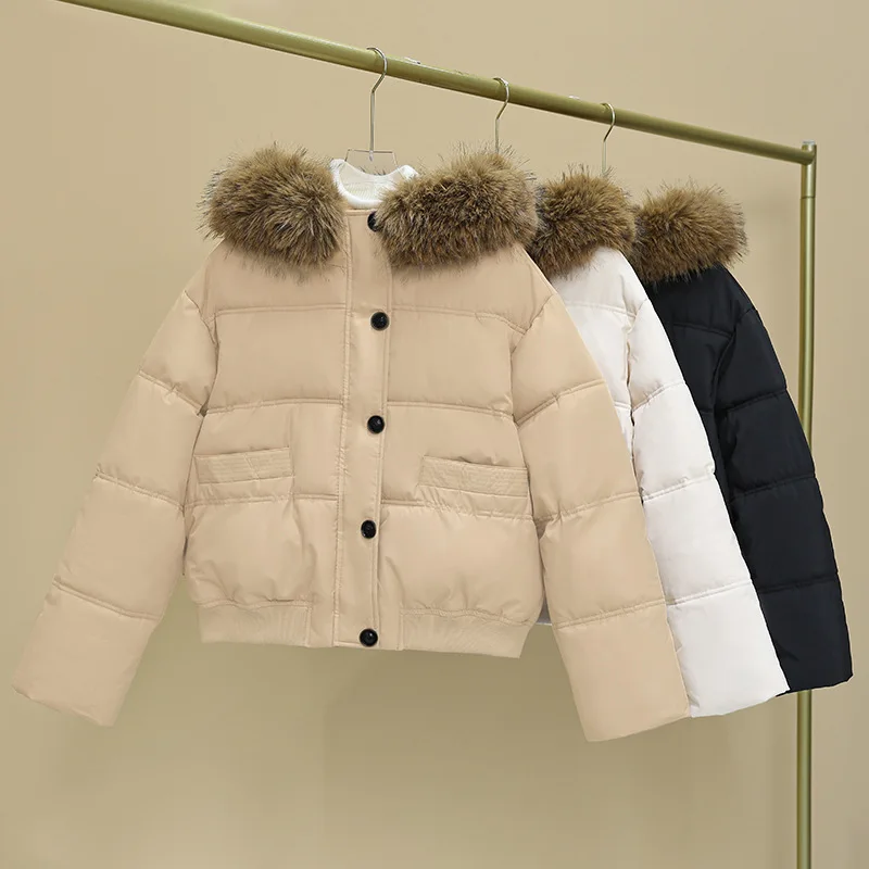 

New Thick Short Women's Winter Jacket Coat Parkas Warm Fur Hooded Down Cotton Jacket Casual Cropped Parkas Outwear