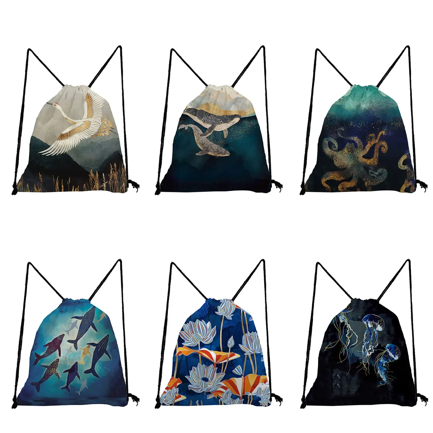 Whale Wolk Landschap Bedrukte Softback Tas Japanse Ukiyo-E Design Casual Trekkoord Tassen Met Hoge Capaciteit Draagbare Rugzakken