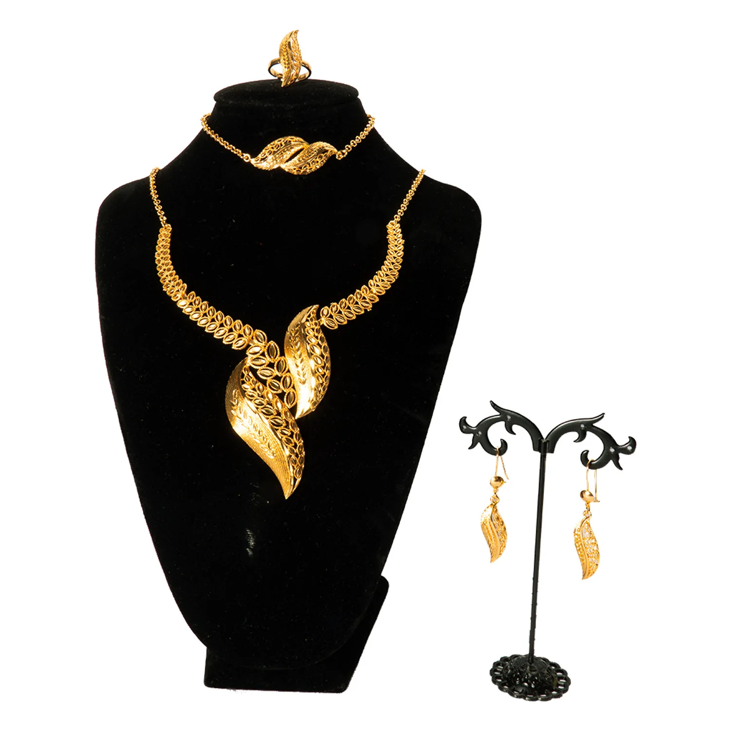 Copper Plated 24k Gold Arabian Women's Bridal Necklace Earrings Ring Bracelet Indian Women's Alcohol Jewelry Set