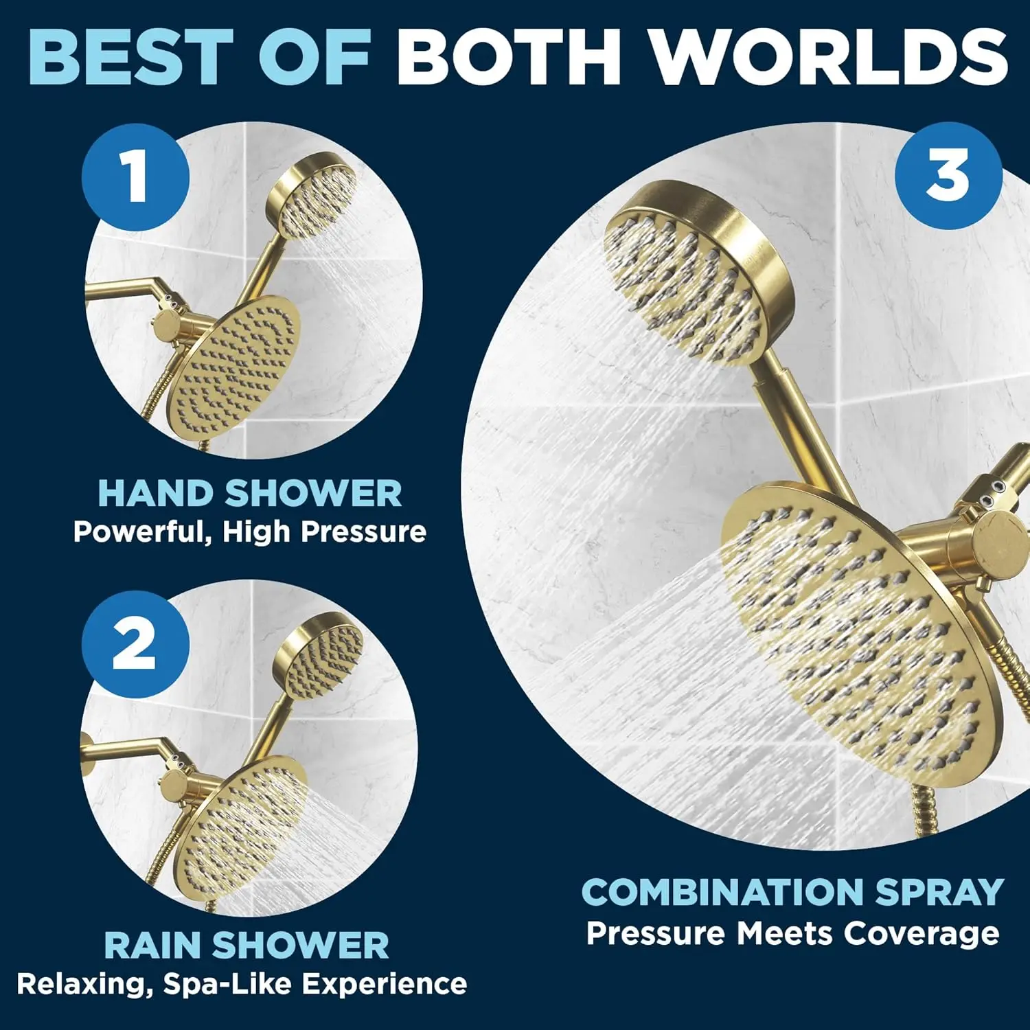 Showers Dual Shower Head Combo – BRUSHED GOLD – 8 Inch Rainfall High Flow Shower Head