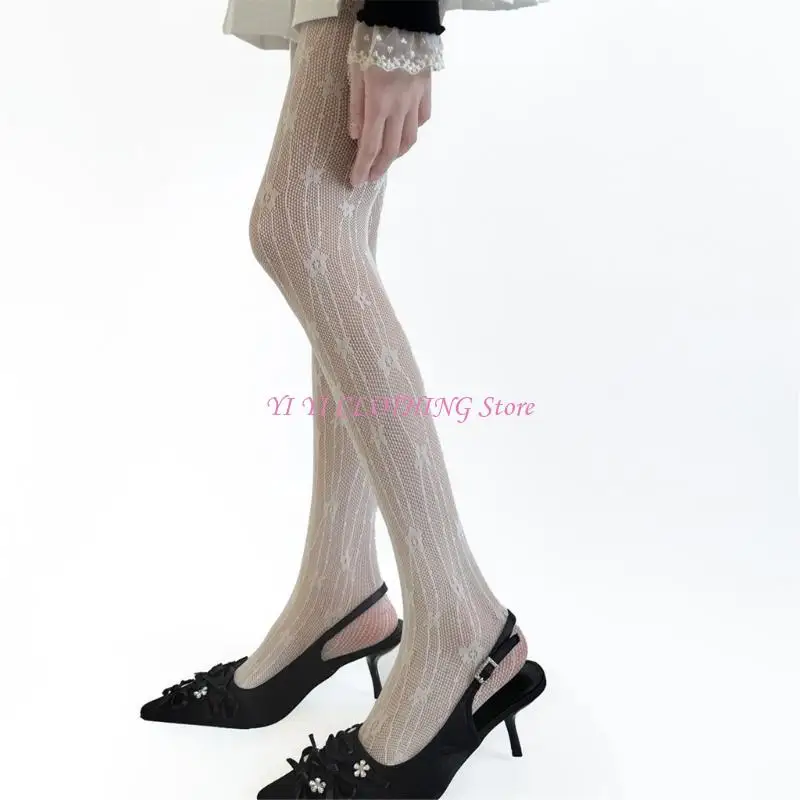 N5KF Women Stockings Flower Striped Pattern See Through Mesh Tights Pantyhose
