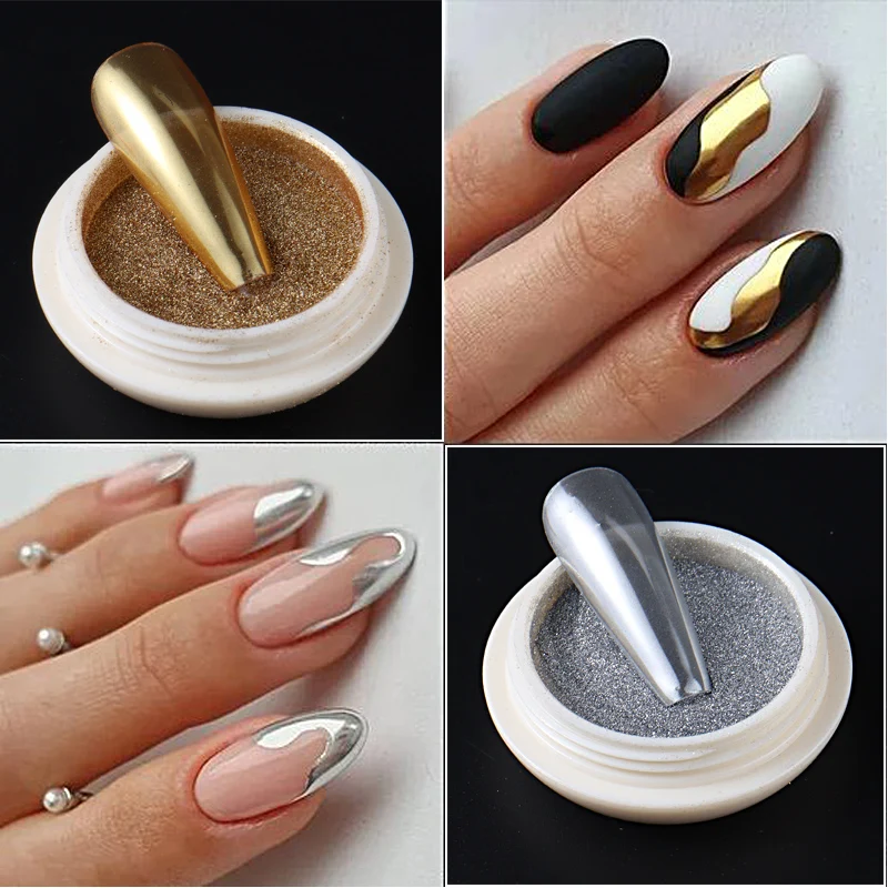 6 PCs Nail Art Magic Mirror Powder Gold Silver Antique Copper Shiny Rubbing Glitter Pigment Flakes Nail Metallic Chrome Powder