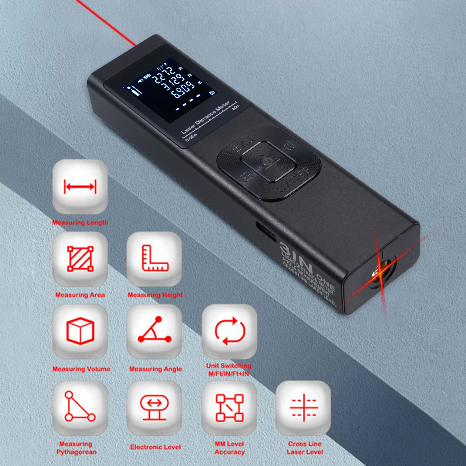 3in1 Laser Distance Meter Angle Measure Cross Line Laser Level Rechargeable Inclinometer Electric Angle Sensor with Backlit LCD