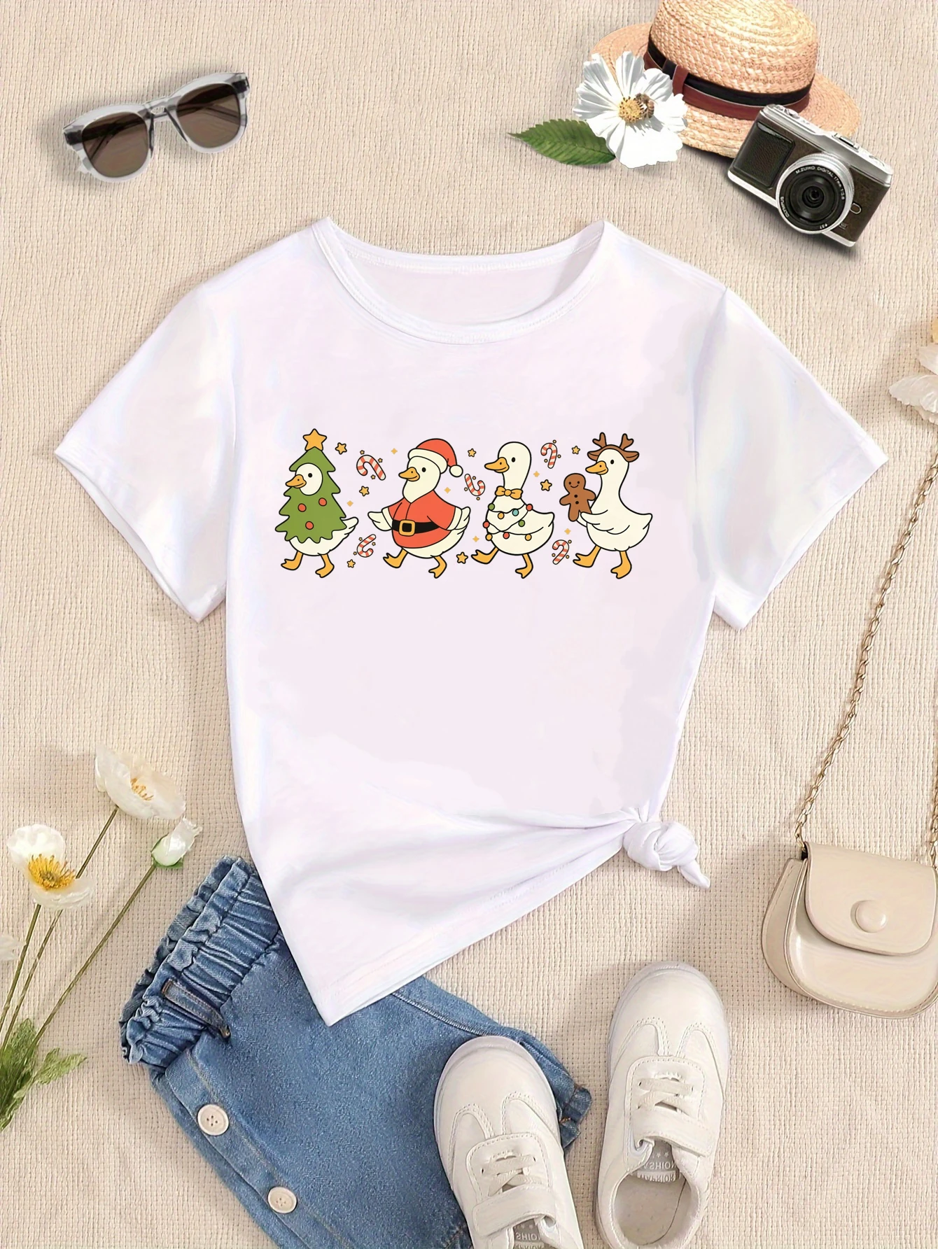 Christmas Goose Printed T Shirt Girls/Boys Christmas Gift T-Shirt Kawaii Kids Clothes White/Black/Blue/Purple T-Shirt