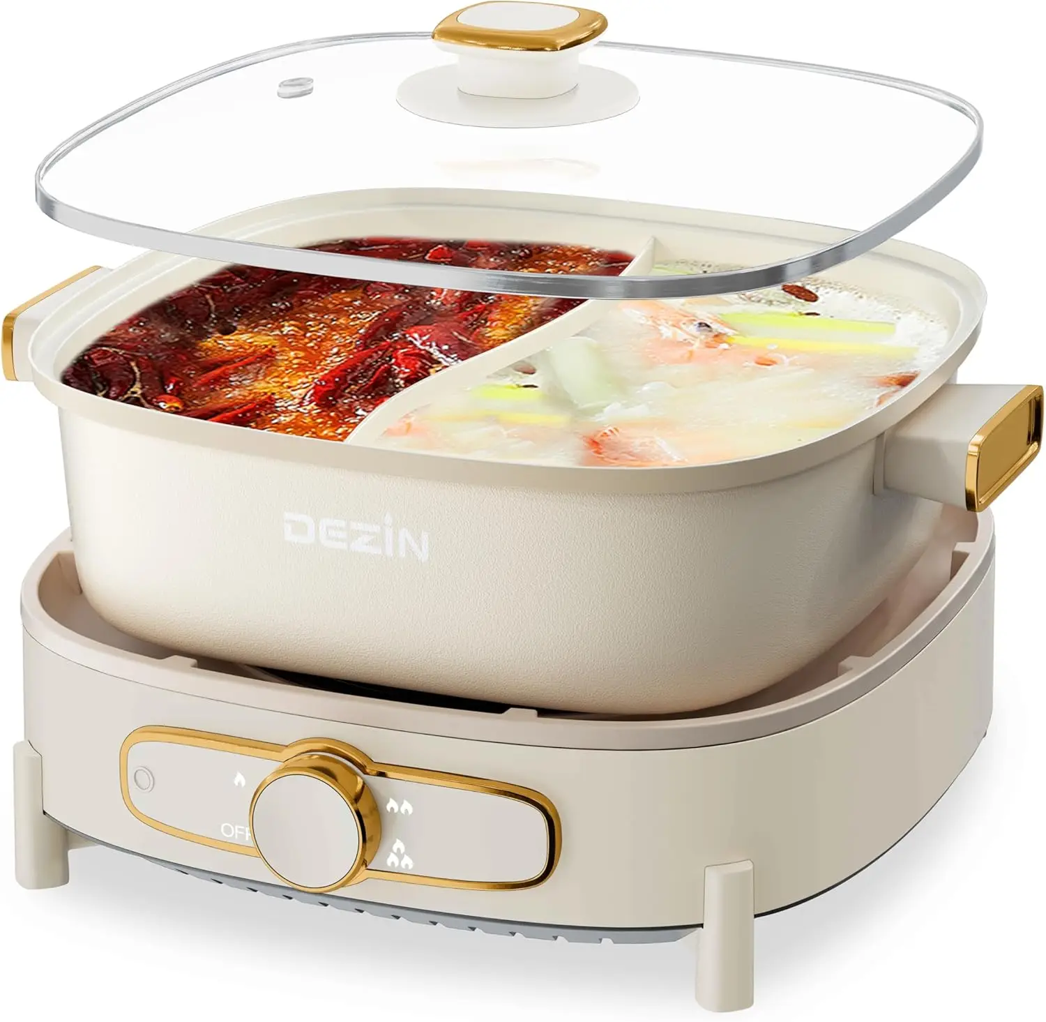 

Hot Electric Shabu Shabu Pot, 5.5L Double-Flavor, Removable Non-Stick Dual Sided Cooker, 3" Depth Divided Pot with Multi-Power C
