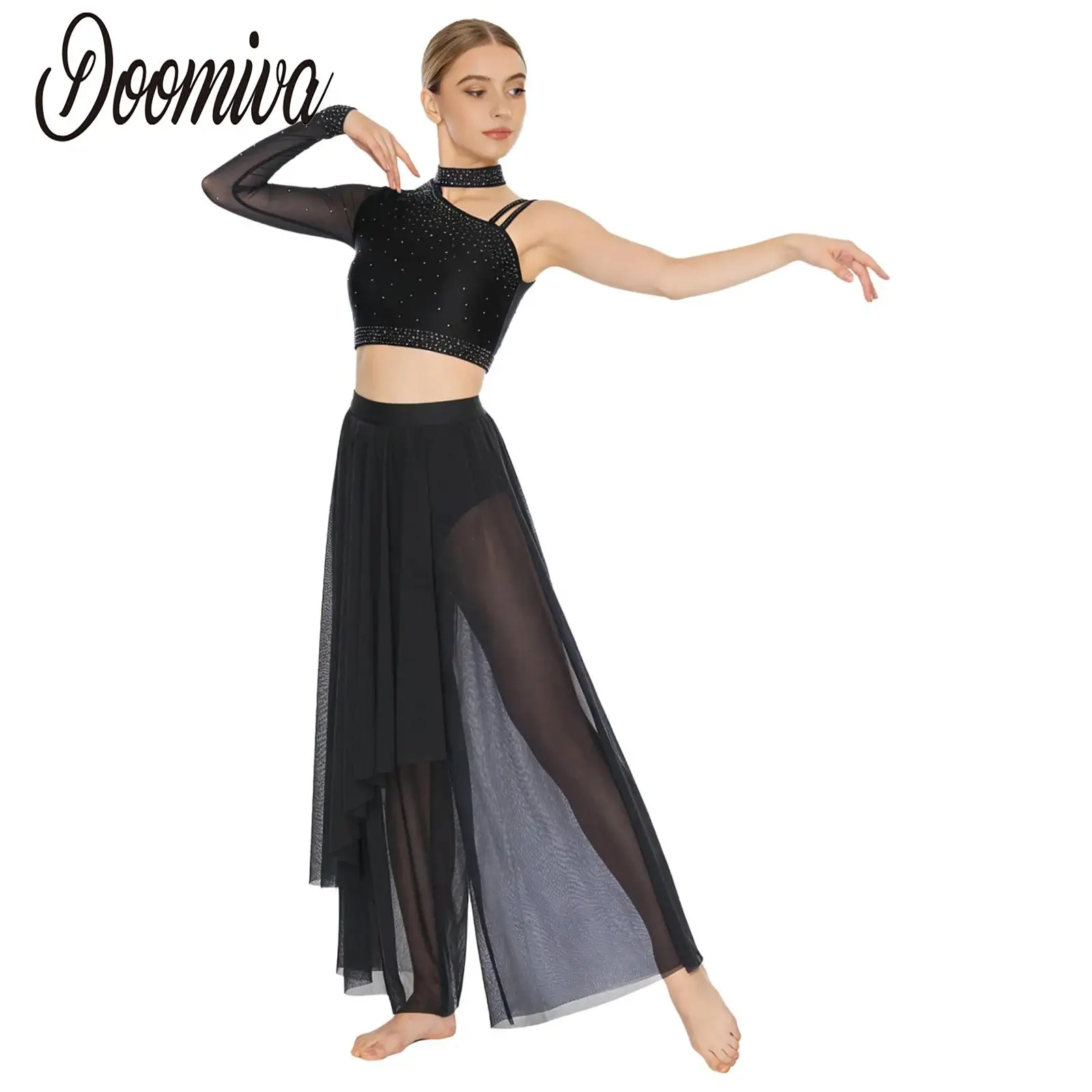 

Women Figure Skating Lyrical Modern Dance Costume Dancewear Asymmetrical Rhinestone Crop Top And Irregular Built-in Briefs Pants