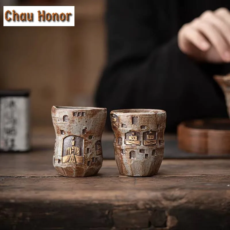 

High End Wood-fired Porcelain Teacup Handmade Dunhuang Personal Master Cup Hand Carved Grotto Statue Mug Drinkware Collection