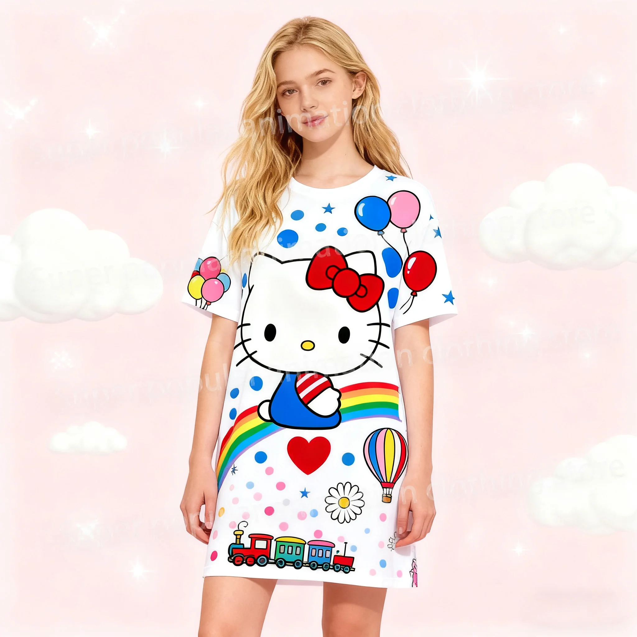 

NEW HelloKitty Print Dress Cute Cartoon Short-sleeved O-neck T-shirt Dress Fashionable Nightdress Basic Daily Wear Holiday Gifts