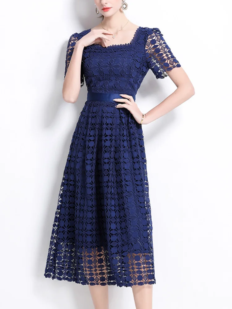 

Elegant Chic Women Fashion Lace Midi Party Dress Spring Vintage A-Line Solid Birthday Prom Vestidos Female Clothes Robe New