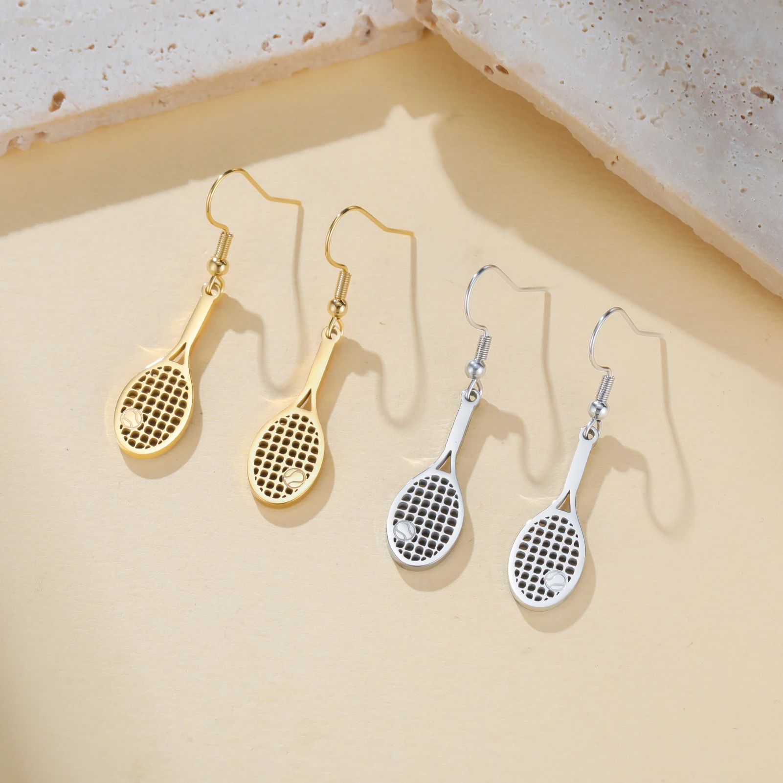 Skyrim Tennis Ball and Racket Pendant Drop Earrings Women Girls Stainless Steel Gold Color Cute Sports Jewelry Birthday Gift