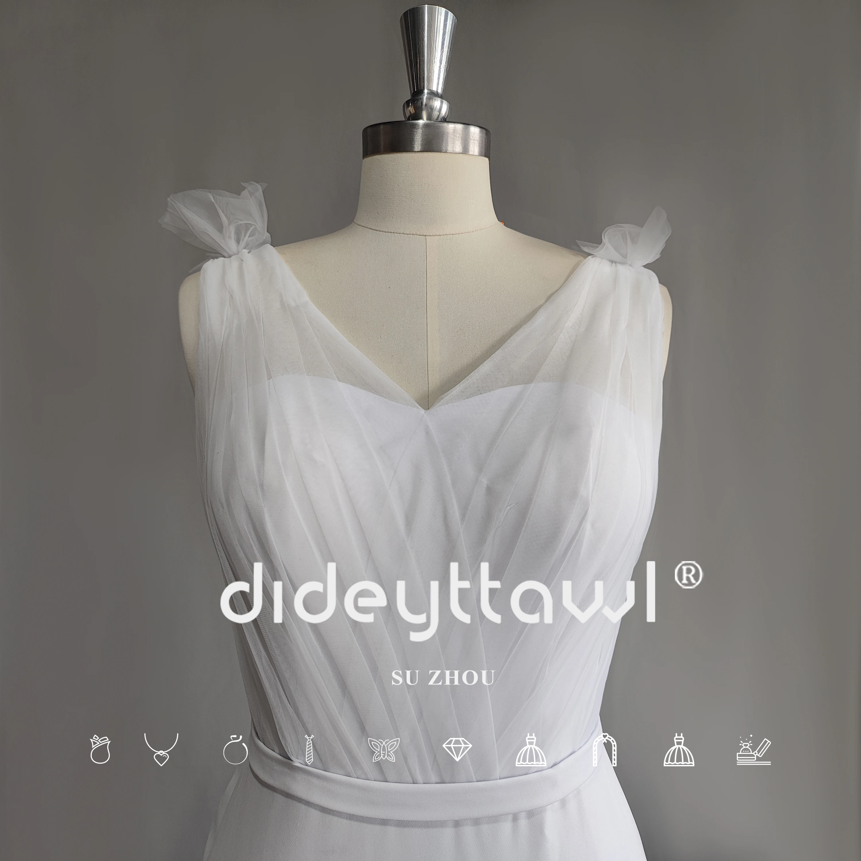 DIDEYTTAWL Real Photo V Neck Crepe Simple Mermaid Wedding Dress Rushed Sleeveless Sweep Train Bridal Gown Custom Made