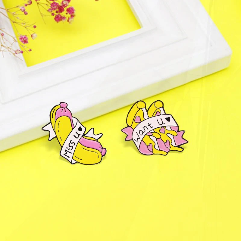 U,Want U Food Pines Bag Backpack Demin Lapel Badges For Kids Jewelry Spille Cute Pizza Bread Hot Dog Enamel Brooch Banner Miss