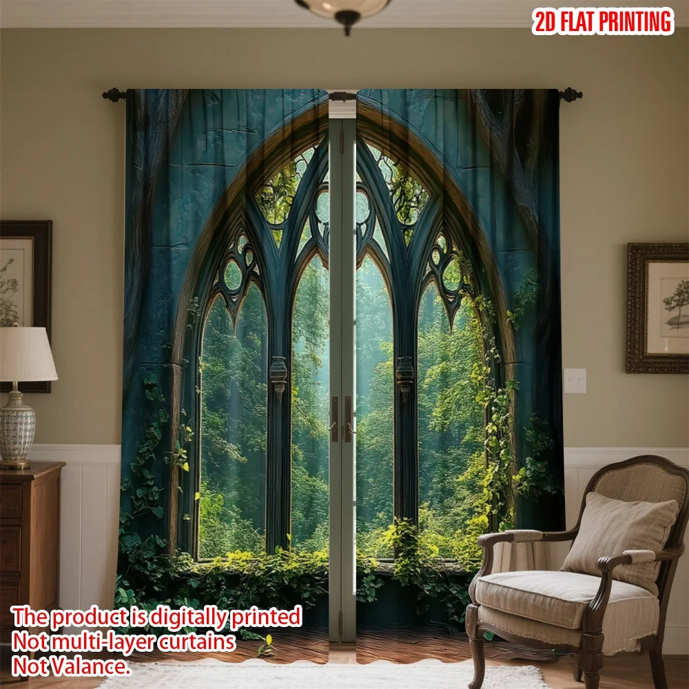

2D flat printing 2pcs Party Window Curtains Gothic Overlooking Forest Digital Printed Polyester Drapes Festive Curtains for