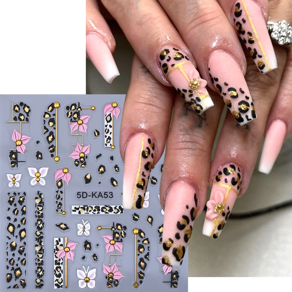 5D ليوبارد طباعة زهرة مسمار الفن ملصقات ذاتية اللصق فراشة الهندسة الأزهار مسمار الشارات مانيكير زينة مستلزمات الأظافر