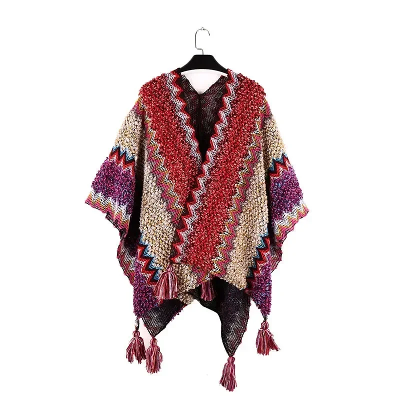 Women Knit Tassel Fringed Pullover Poncho Sweater Shawl Wrap Tassels Cloak Top Stripe Cape Cardigan Coat Stoles