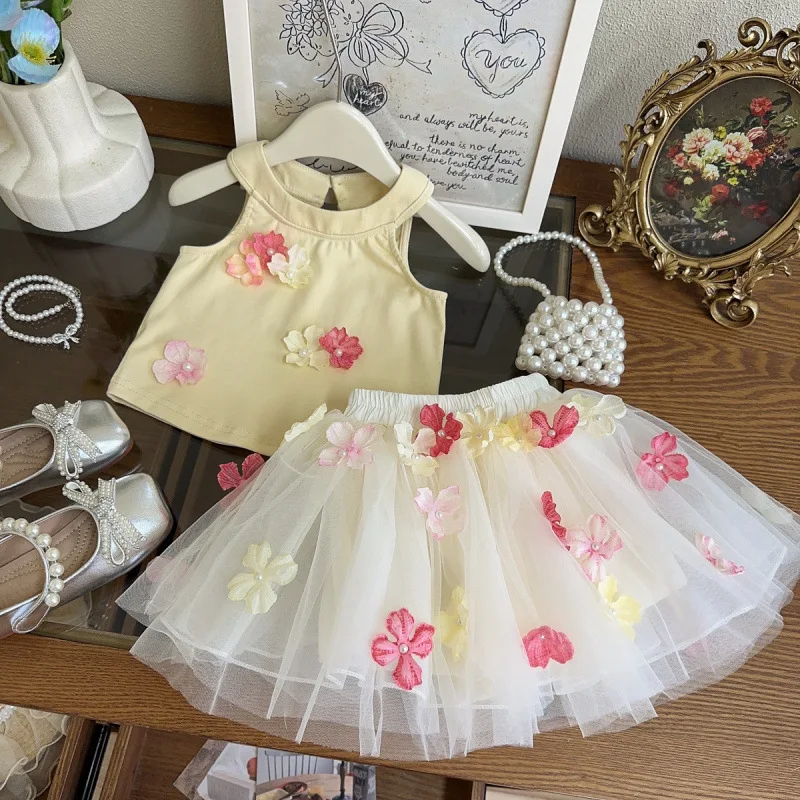 

Children's Outfit Dress New Summer Fashionable Sleeveless Mesh Princess Skirt Two-Piece Set for Baby Girls