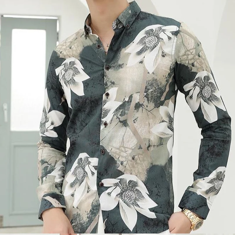 Spring Autumn New Turn-down Collar Fashion Long Sleeve Shirt Man High Street Loose Floral Printing Cardigan Button All-match Top